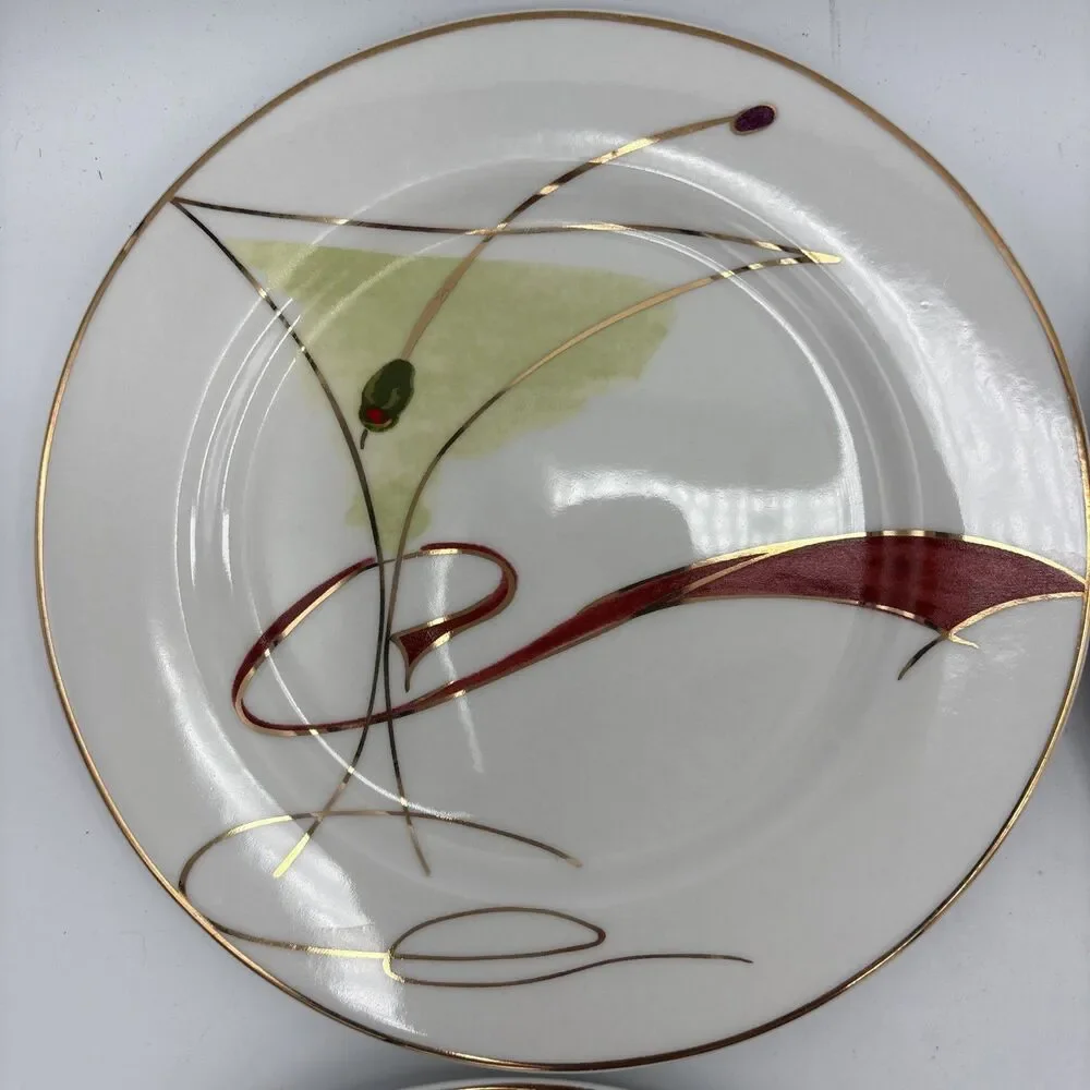 Pier 1 Imports Martini Glass Appetizer Salad Plates Set of 4 Gold Rim 7.5